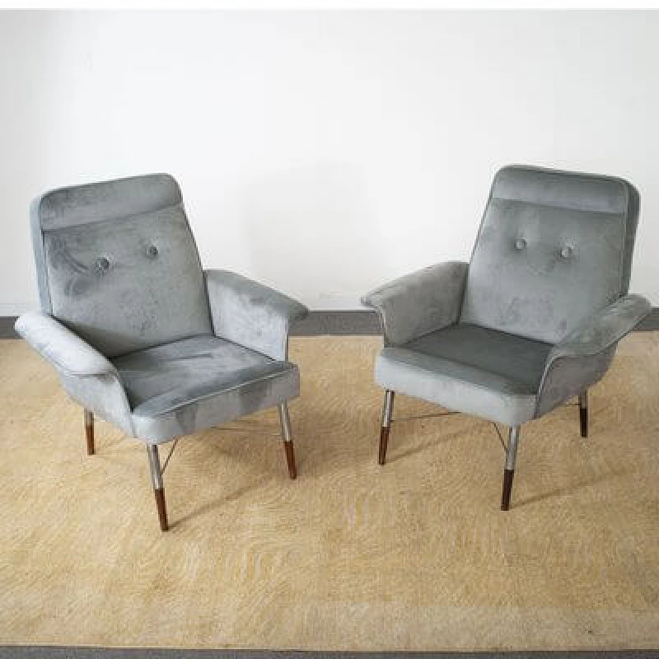 Pair of gray velvet armchairs, 1960s 1