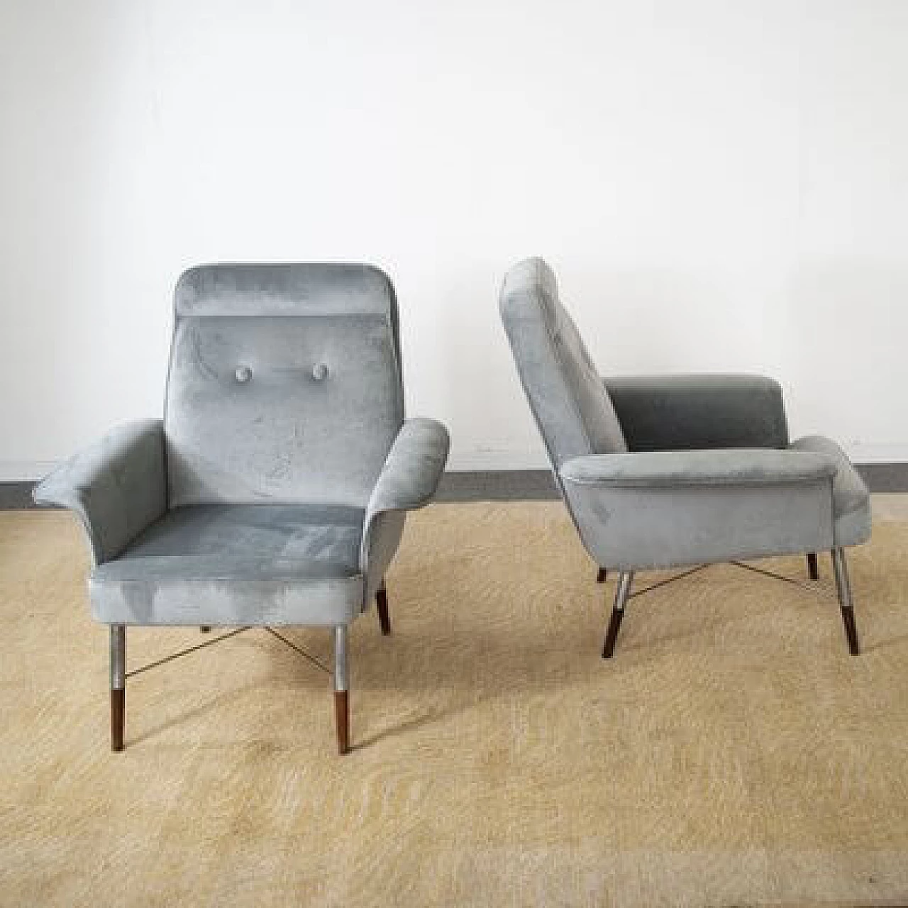 Pair of gray velvet armchairs, 1960s 2