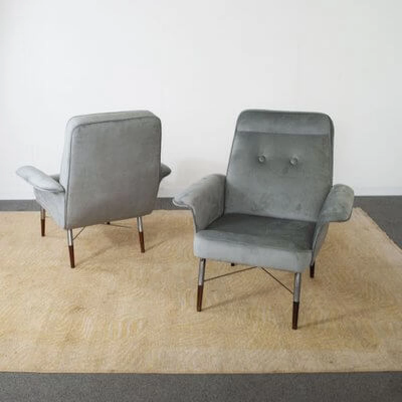 Pair of gray velvet armchairs, 1960s 3