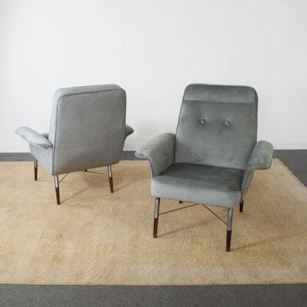 Pair of gray velvet armchairs, 1960s 4