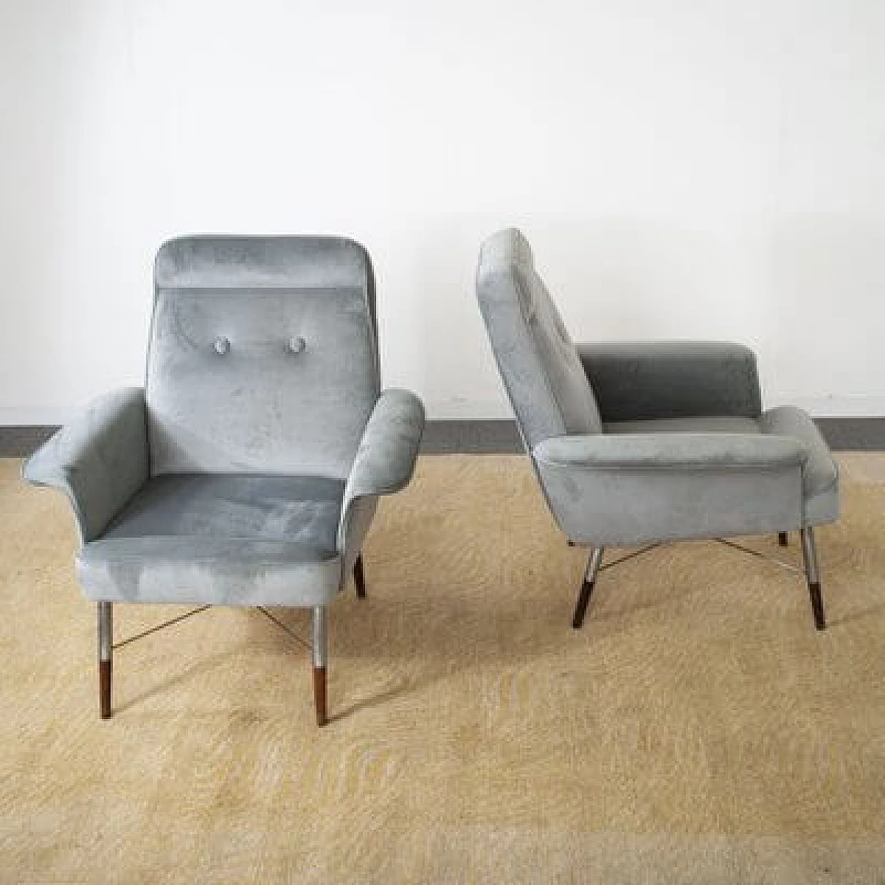 Pair of gray velvet armchairs, 1960s 7