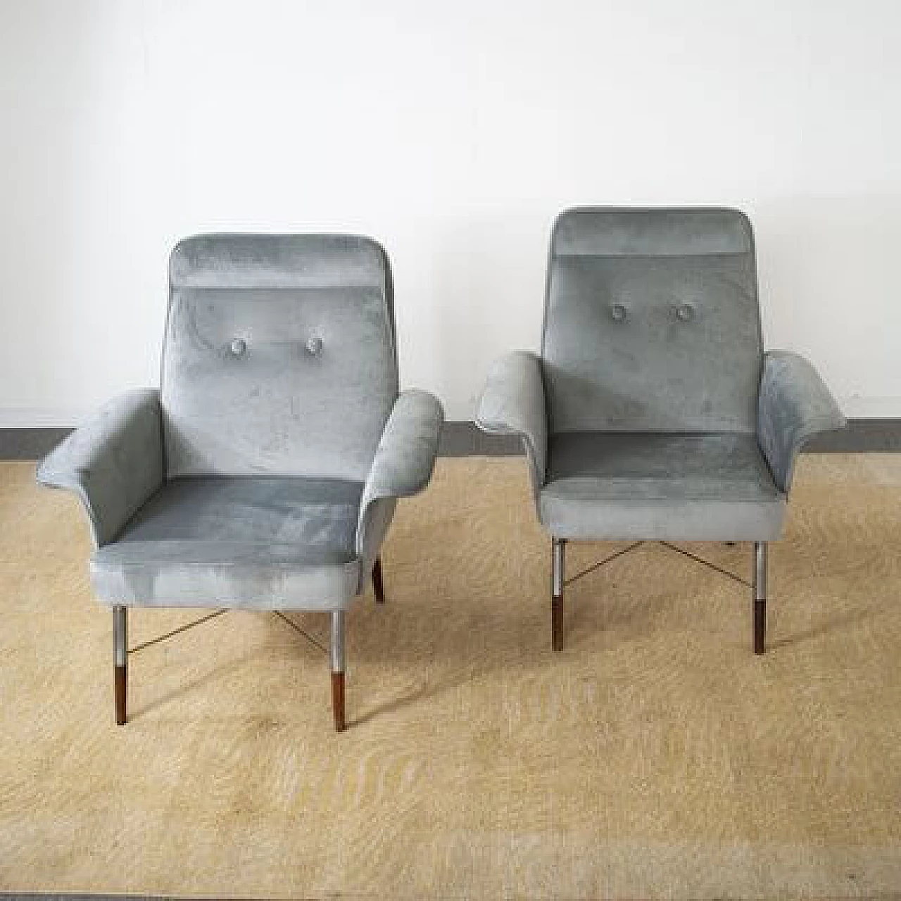 Pair of gray velvet armchairs, 1960s 8