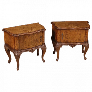 Pair of Chippendale style inlaid wood bedside tables, 1950s