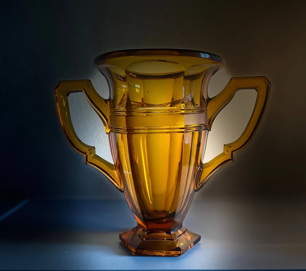 Art Deco amber glass double handle vase, 1930s 3