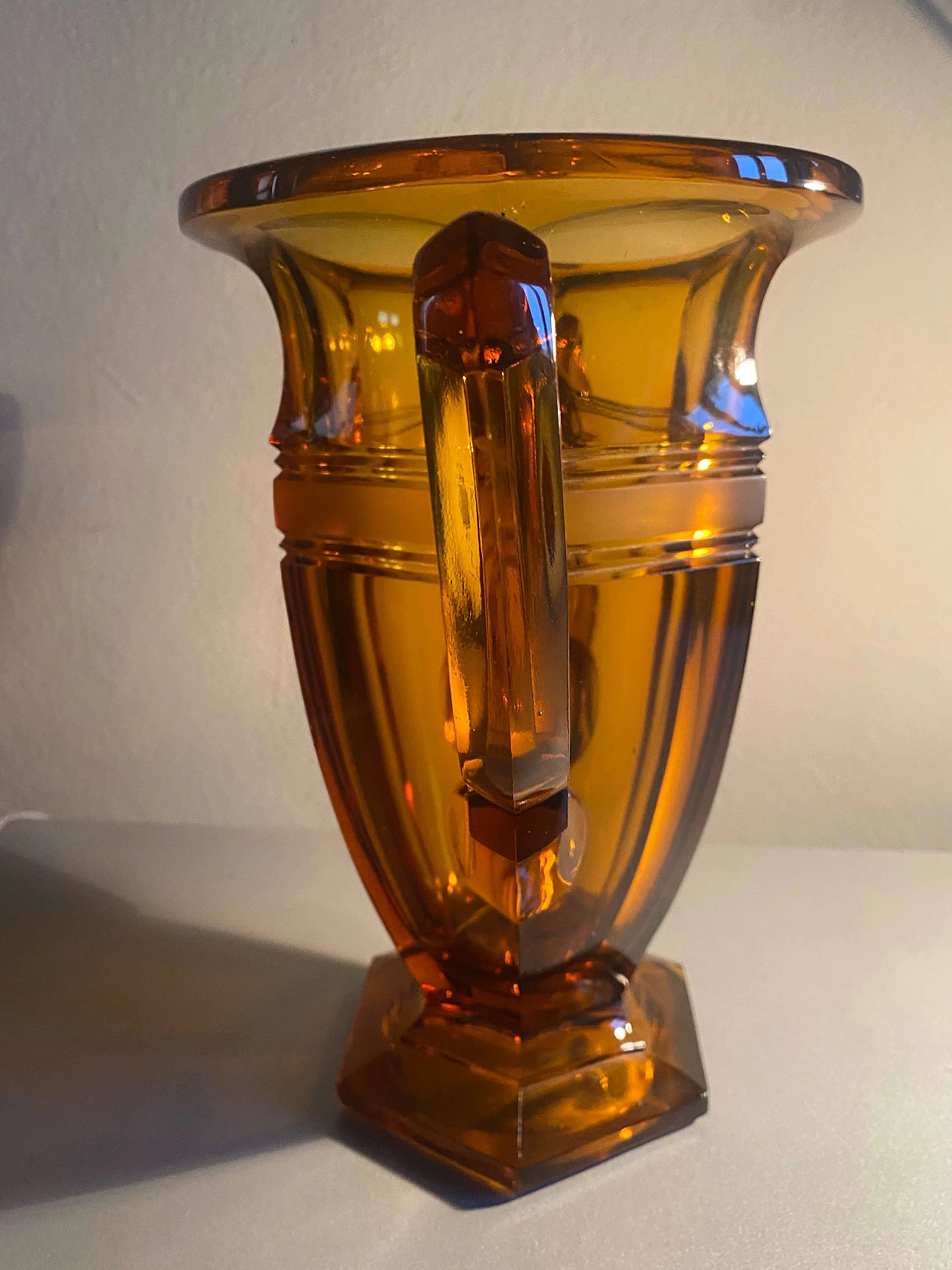Art Deco amber glass double handle vase, 1930s 4