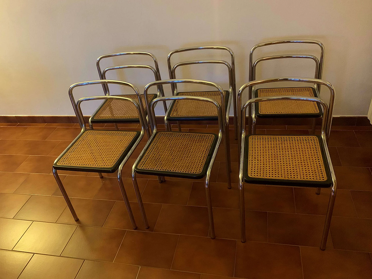 6 Chairs in steel and Vienna straw, 1970s 1