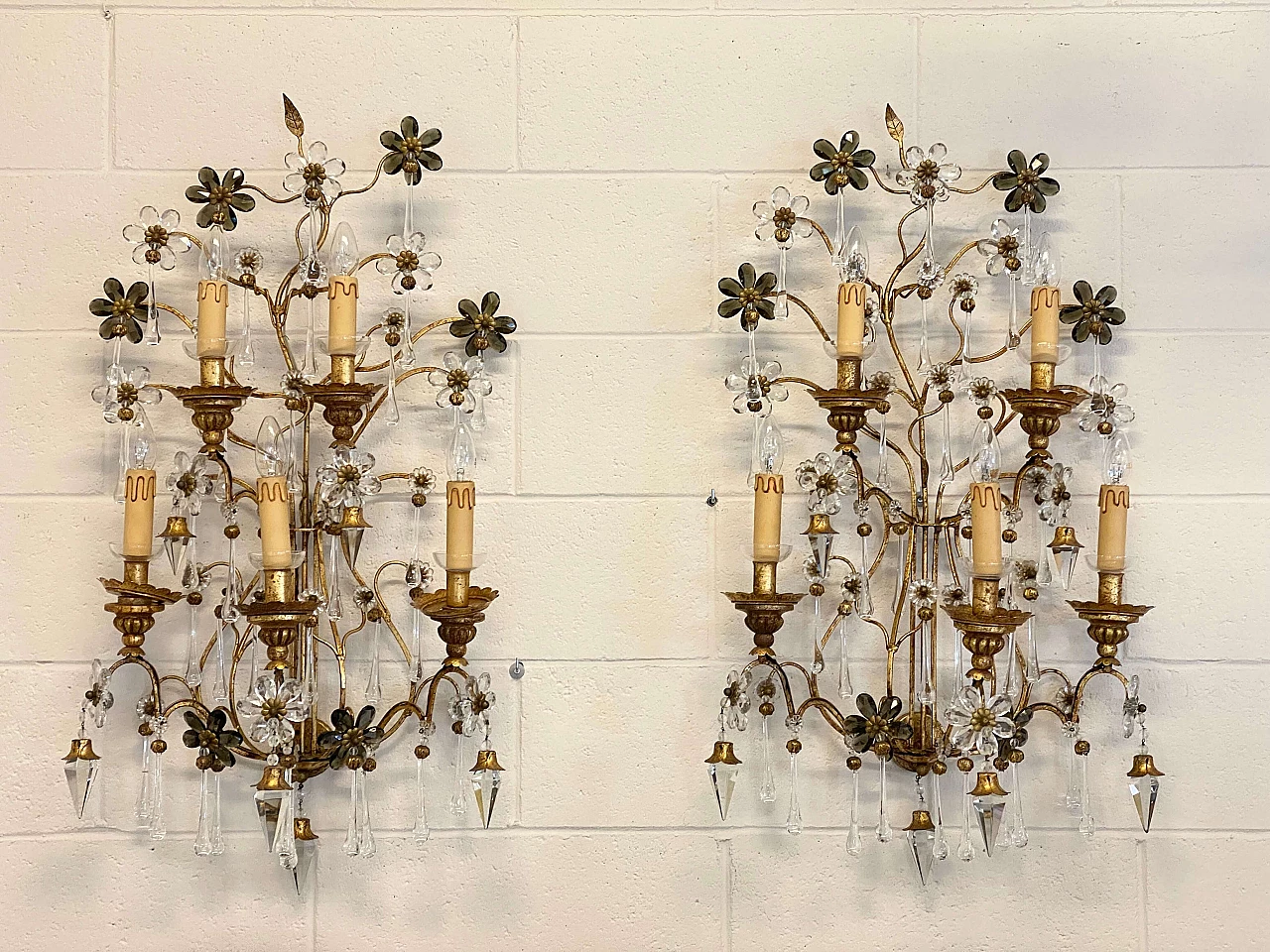 Pair of wrought iron and glass wall lights by Banci, 1970s 1