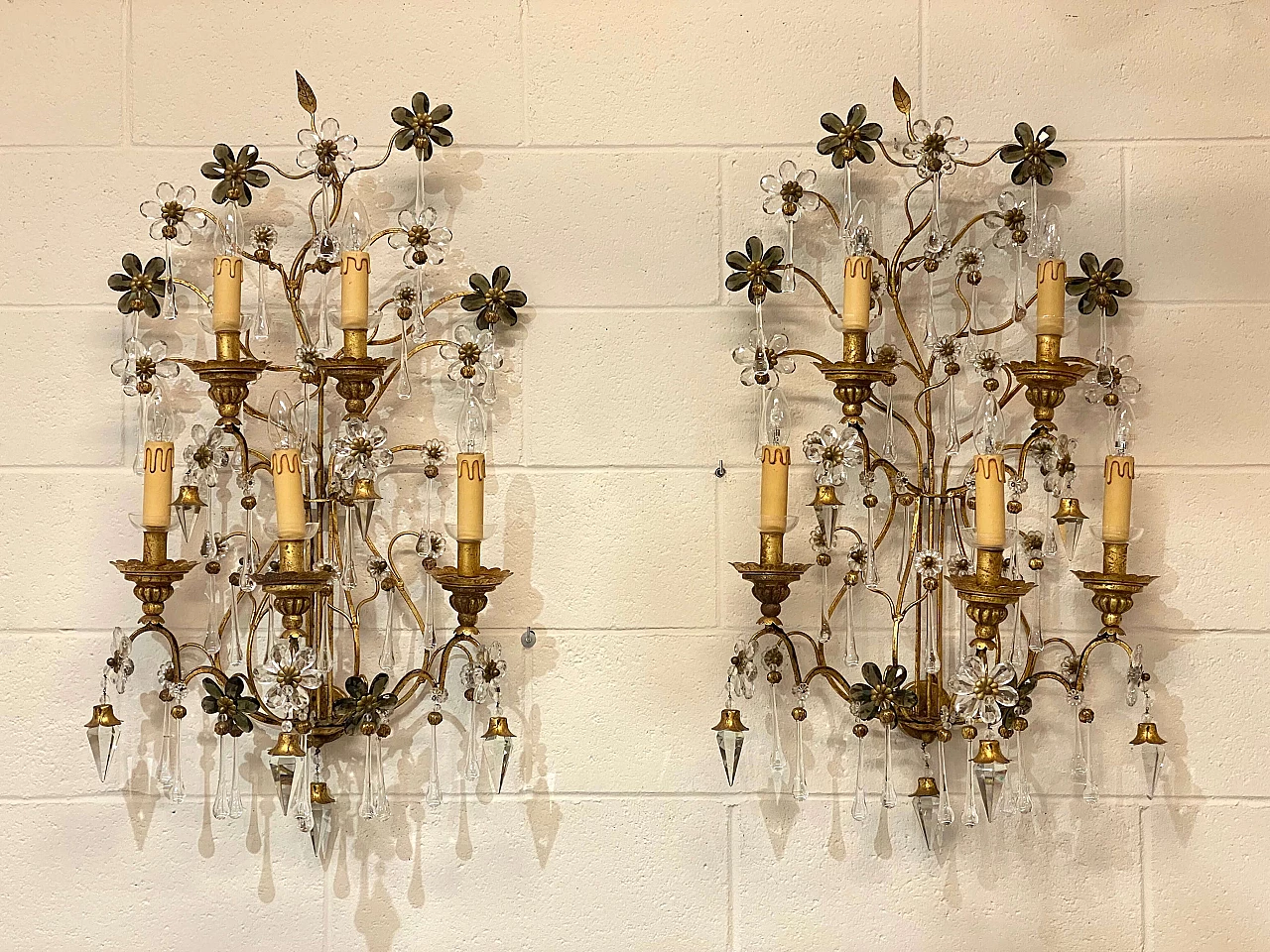 Pair of wrought iron and glass wall lights by Banci, 1970s 15
