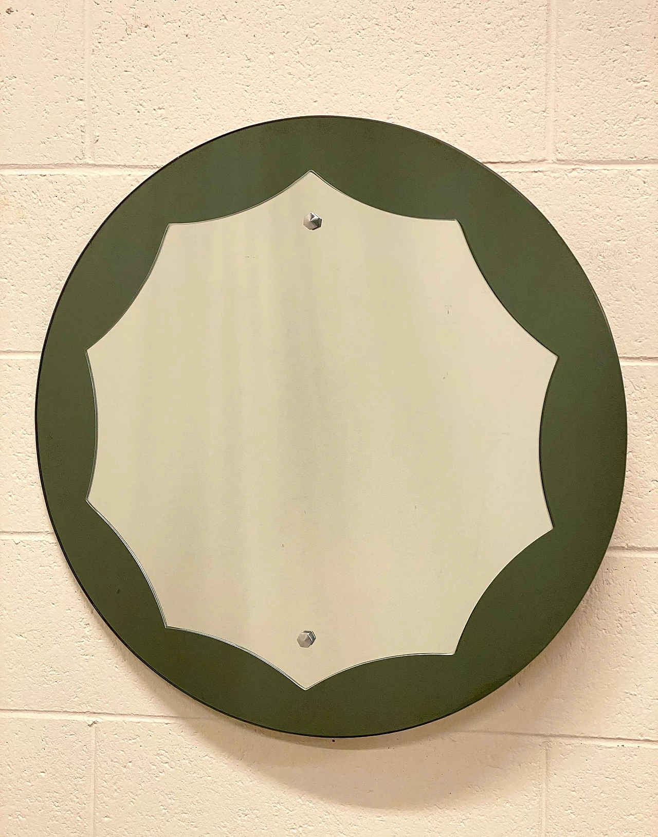 Round mirror with green glass frame, 1970s 3