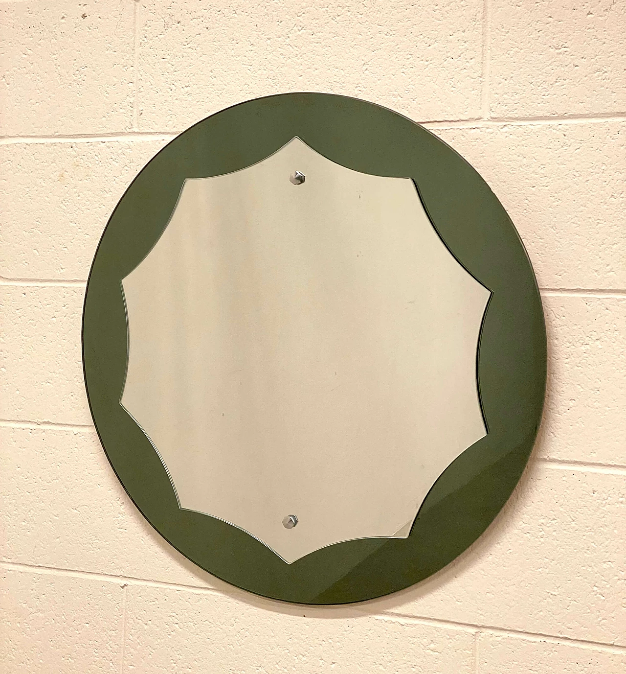 Round mirror with green glass frame, 1970s 8