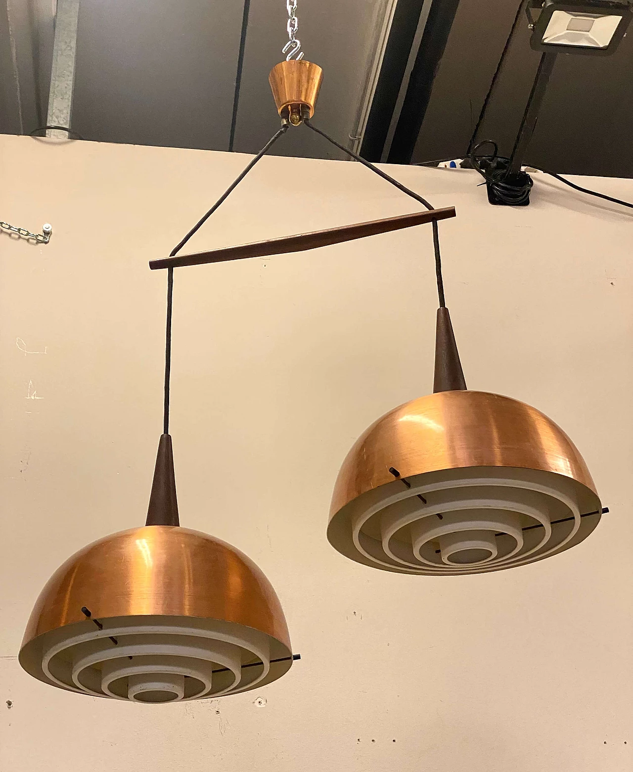 Two-light copper and wood chandelier, 1960s 1