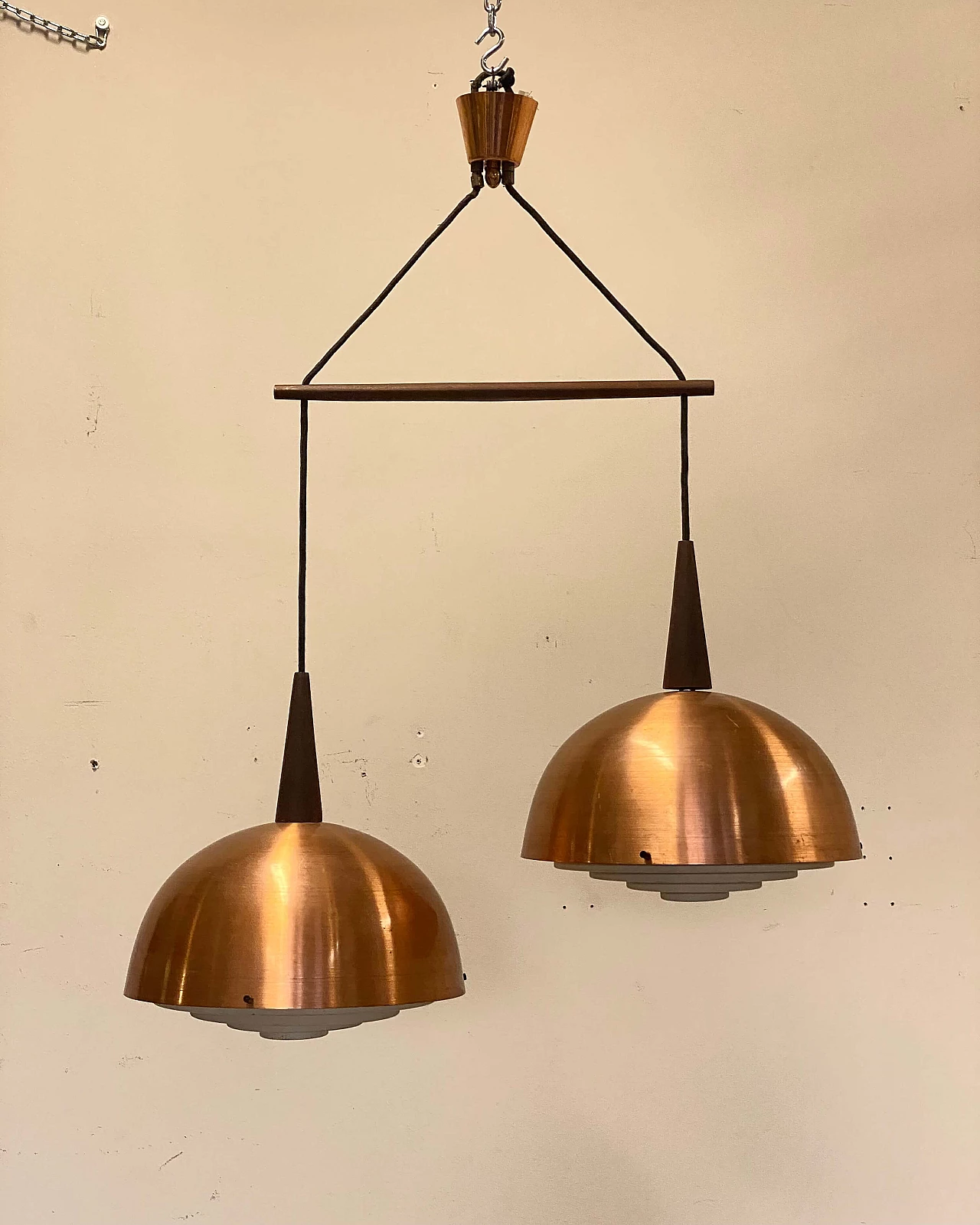 Two-light copper and wood chandelier, 1960s 3