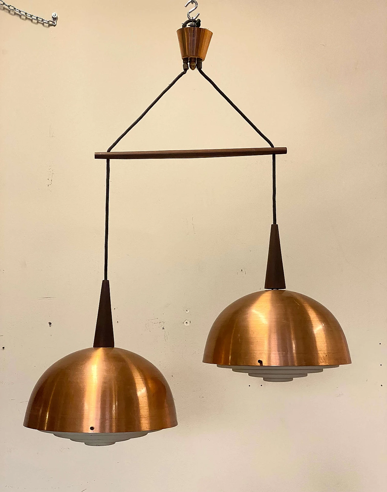 Two-light copper and wood chandelier, 1960s 7