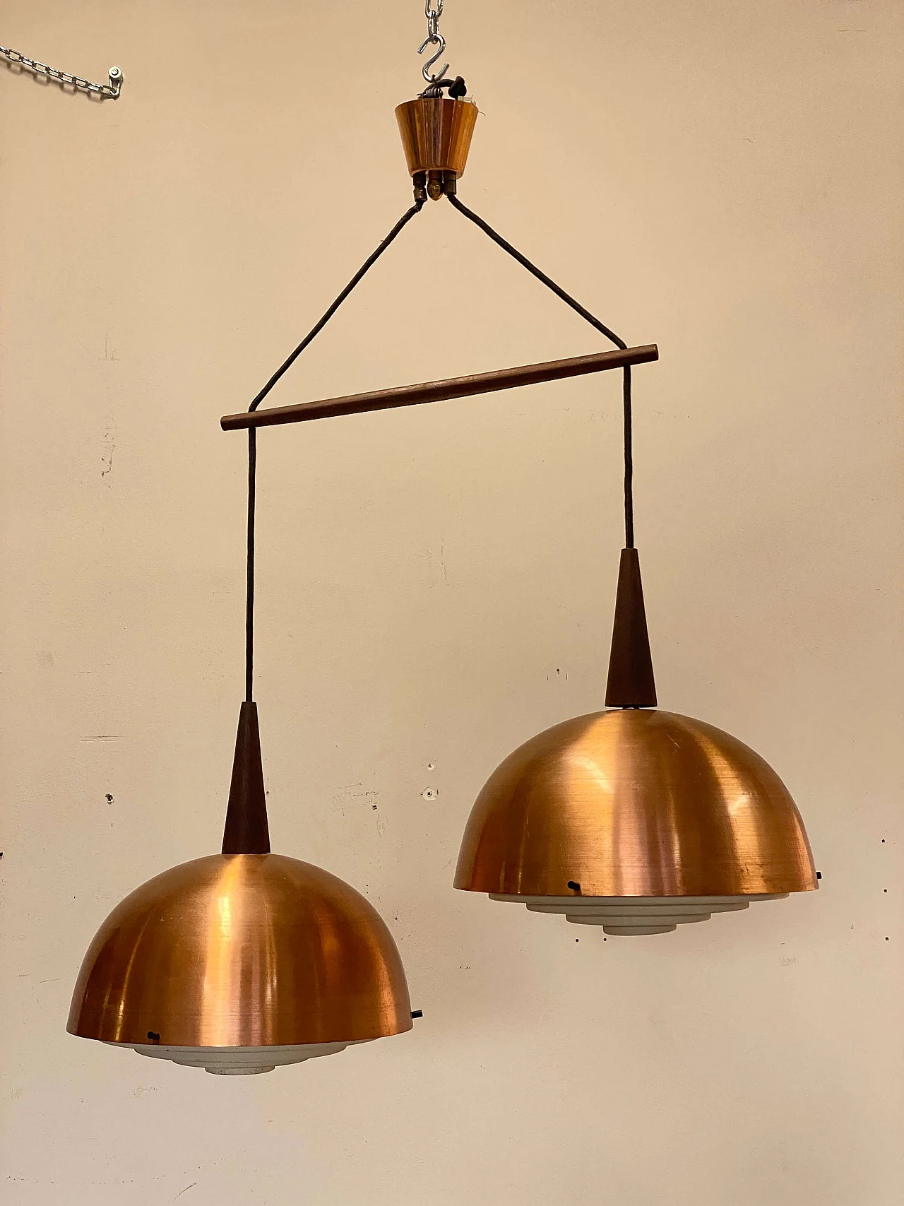 Two-light copper and wood chandelier, 1960s 13