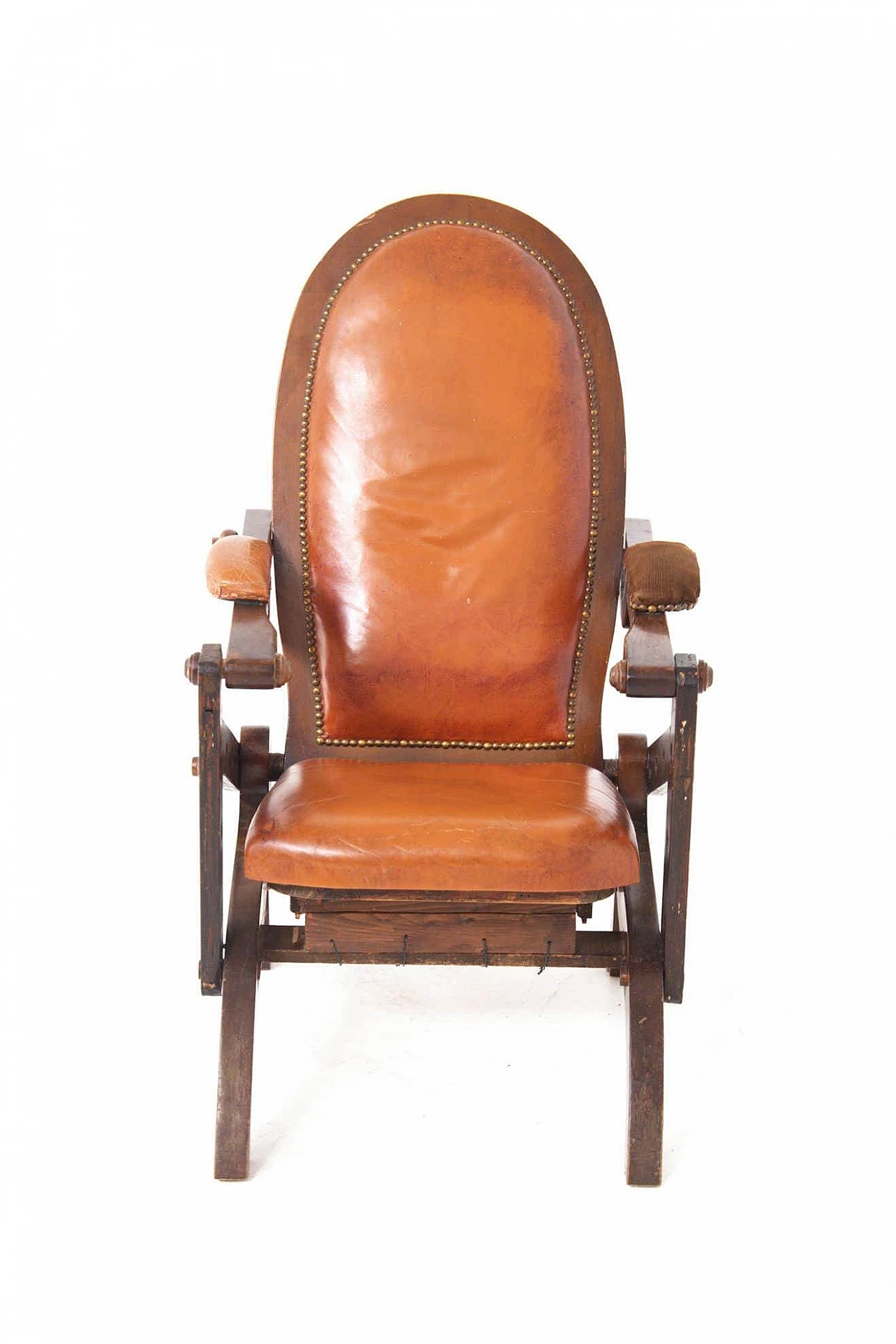 Wood, brown leather and brass armchair 2