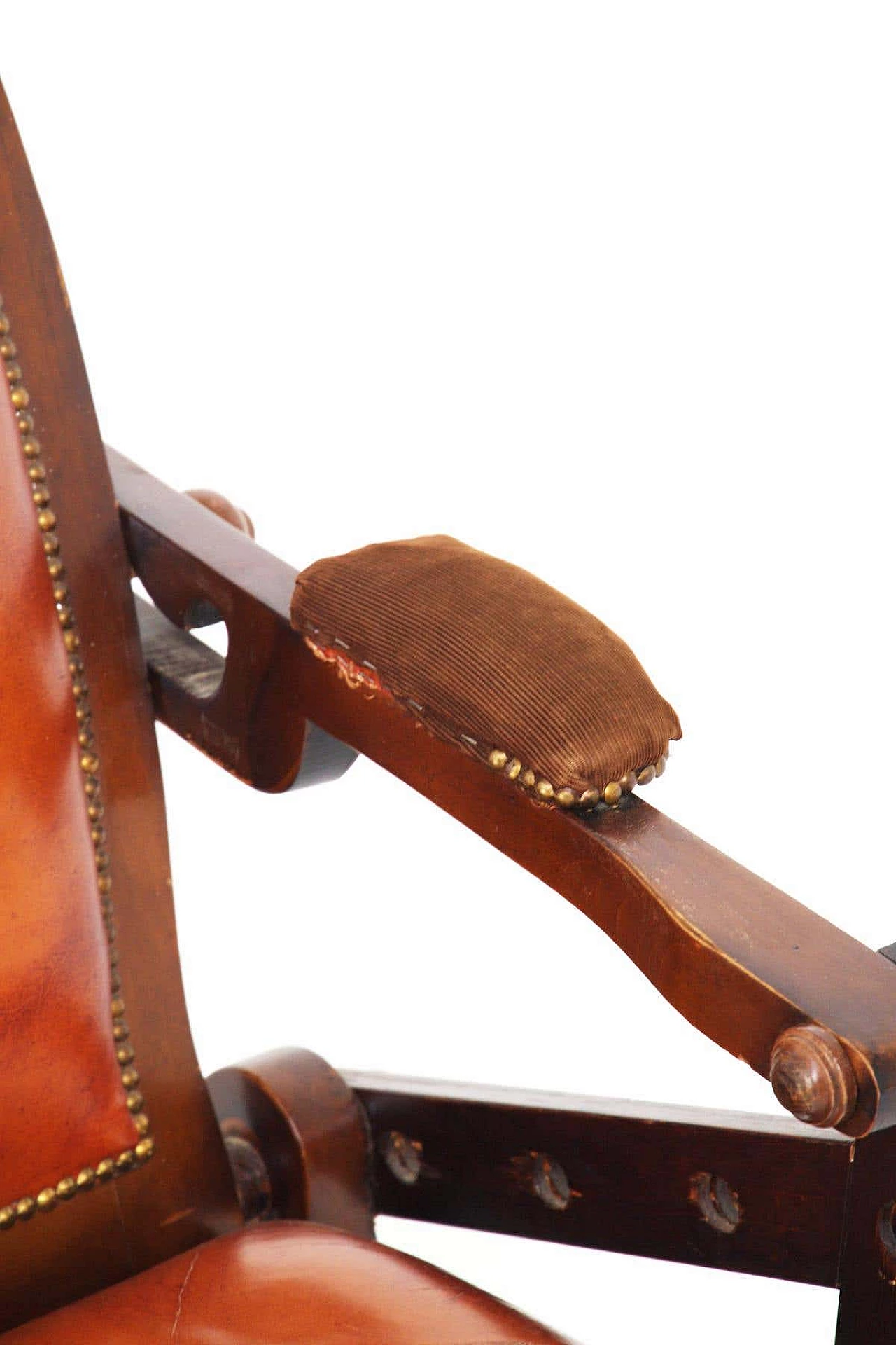 Wood, brown leather and brass armchair 6
