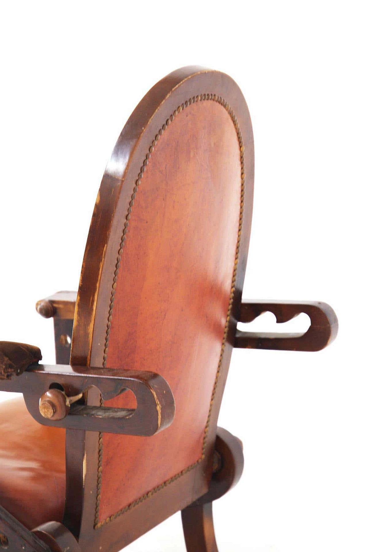 Wood, brown leather and brass armchair 9