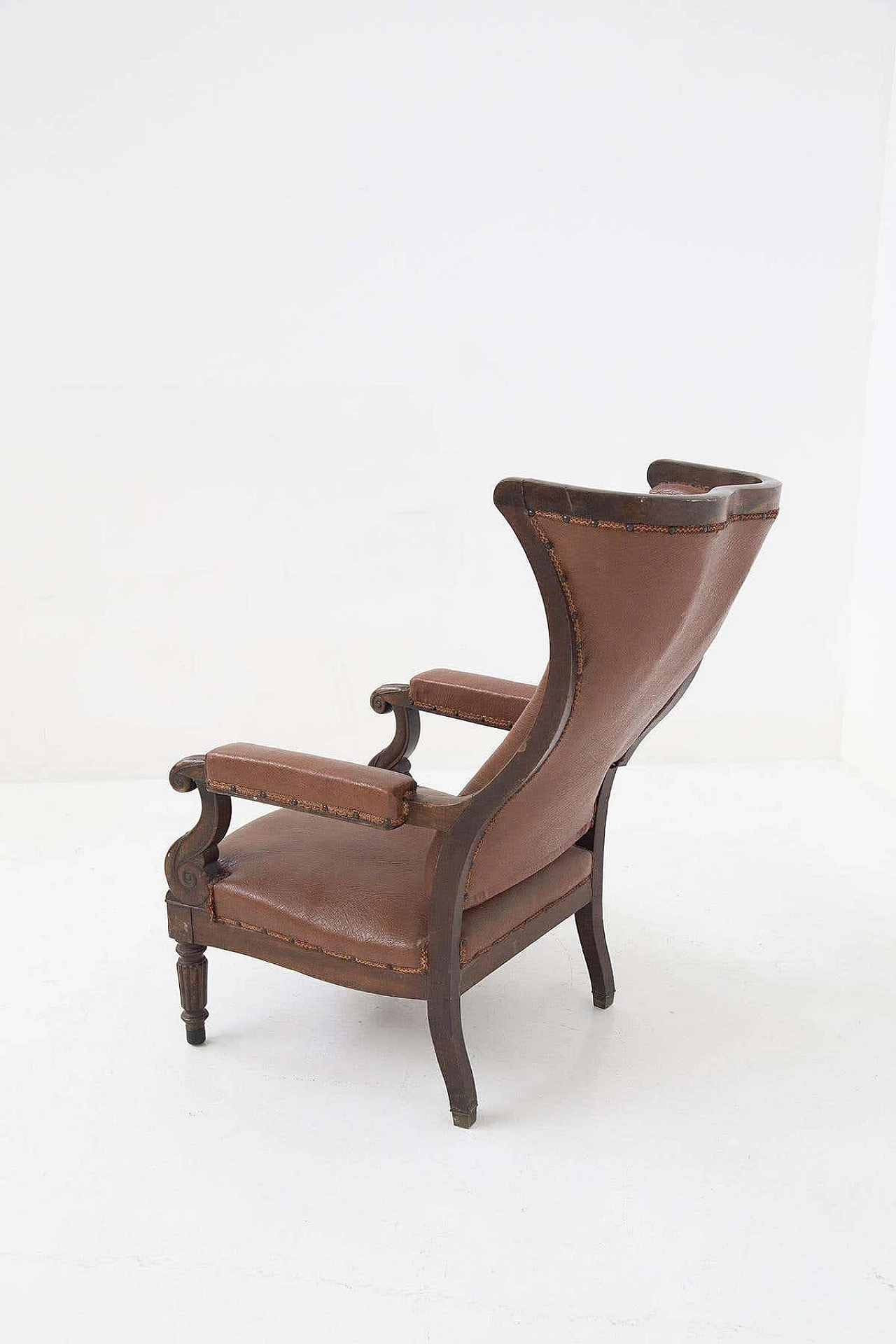 Poltrona in legno e pelle con braccioli a S, '800 4