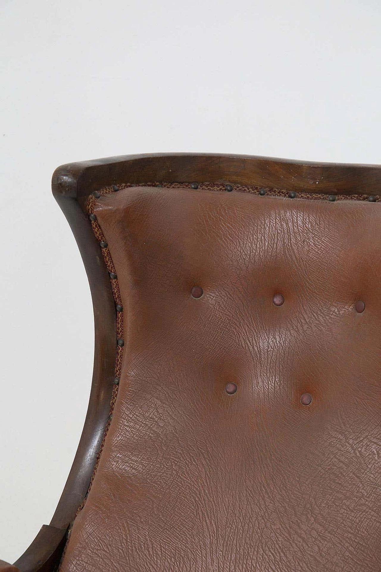Poltrona in legno e pelle con braccioli a S, '800 6