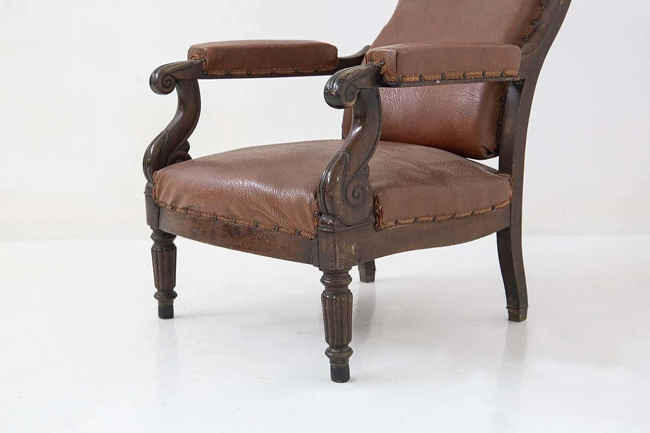 Poltrona in legno e pelle con braccioli a S, '800 7