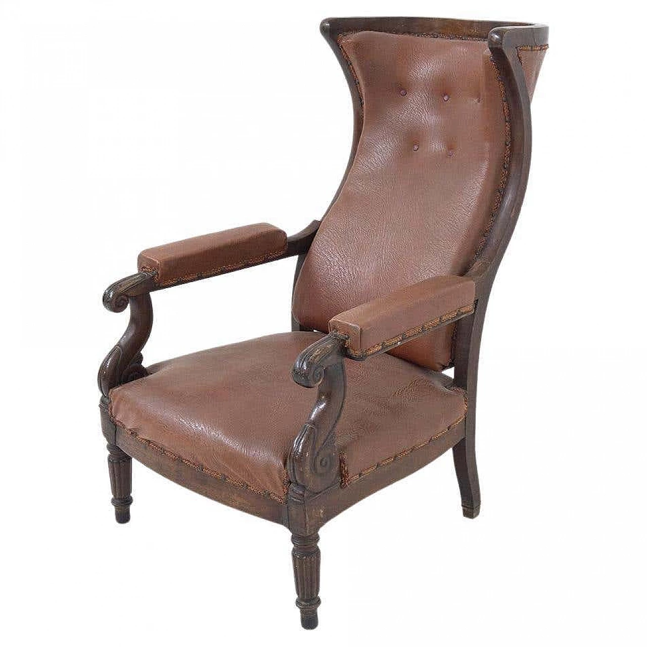 Poltrona in legno e pelle con braccioli a S, '800 9
