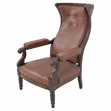 Wood and leather armchair with S-shaped armrests, 19th century