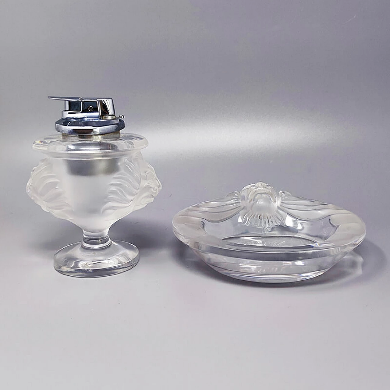 Crystal ashtray and table lighter by Lalique, 1970s 1