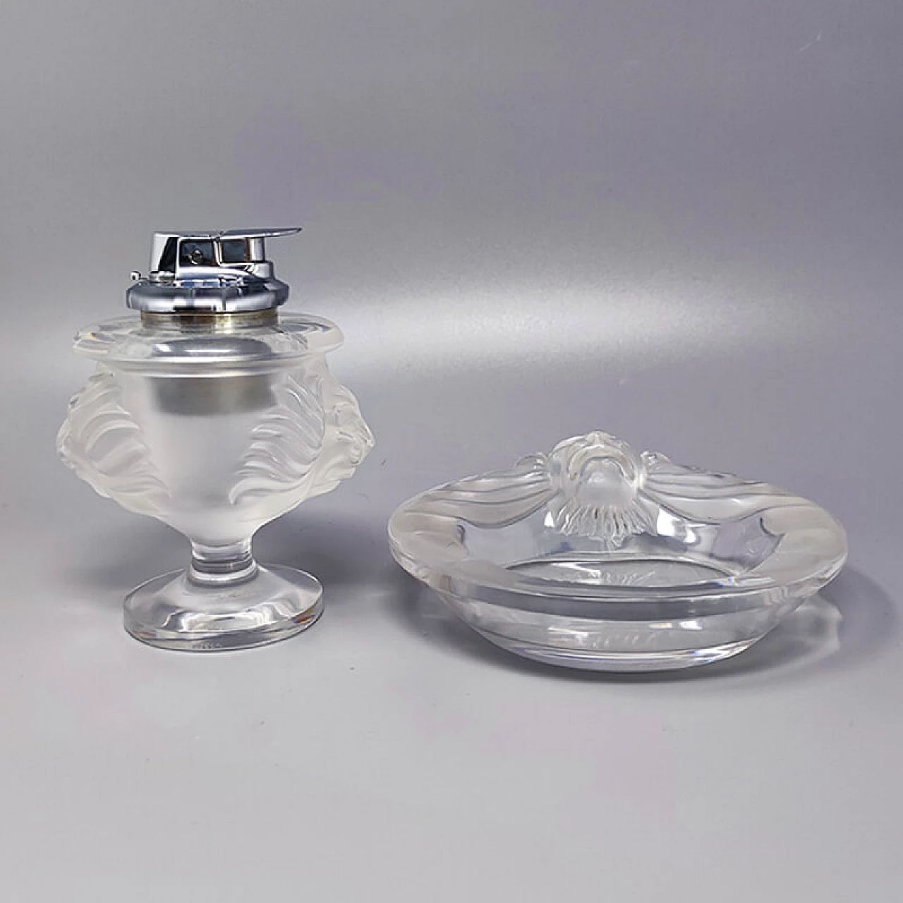 Crystal ashtray and table lighter by Lalique, 1970s 2