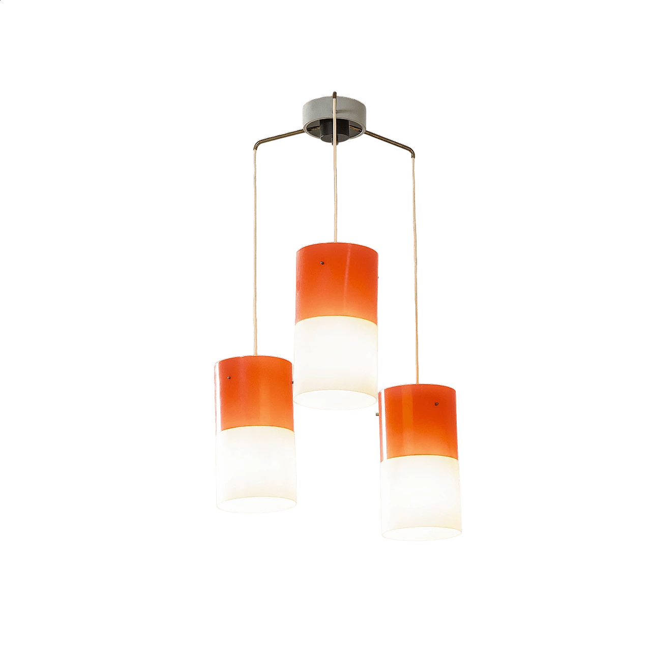 Three-pendant plexiglass and brass chandelier for Stilnovo, 1960s 5