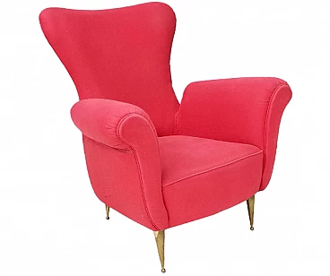 Red fabric and brass armchair, 1950s
