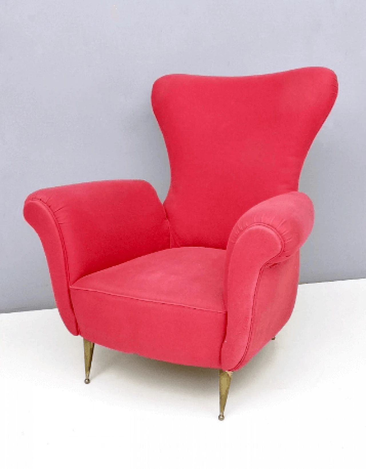 Red fabric and brass armchair, 1950s 2