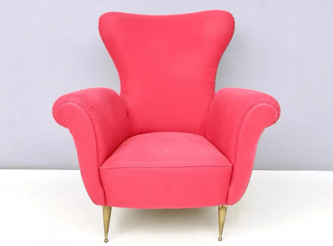 Red fabric and brass armchair, 1950s 3