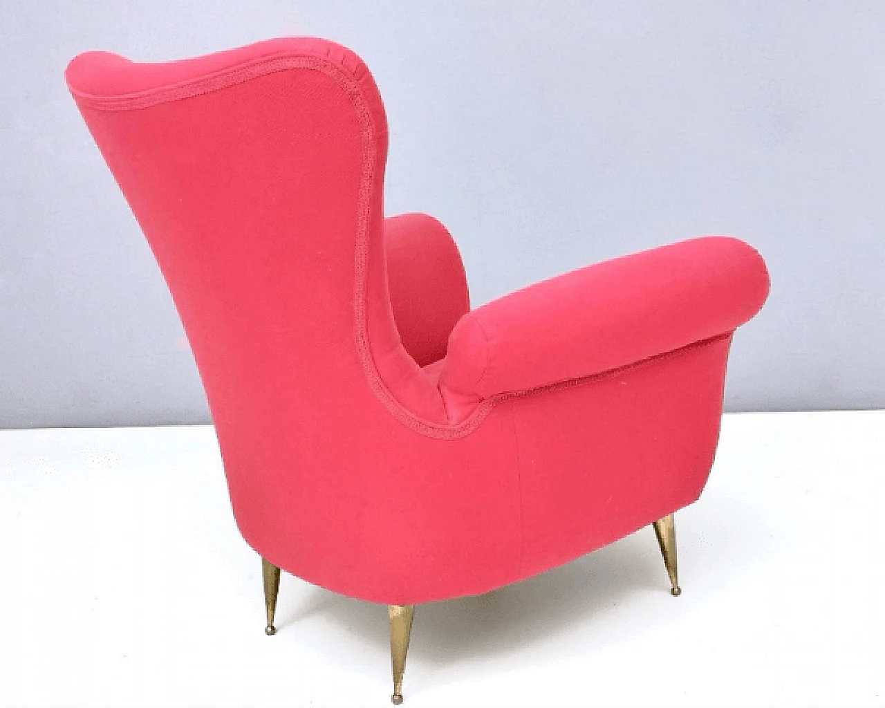 Red fabric and brass armchair, 1950s 4