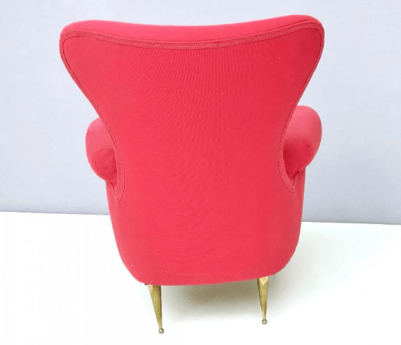 Red fabric and brass armchair, 1950s 5