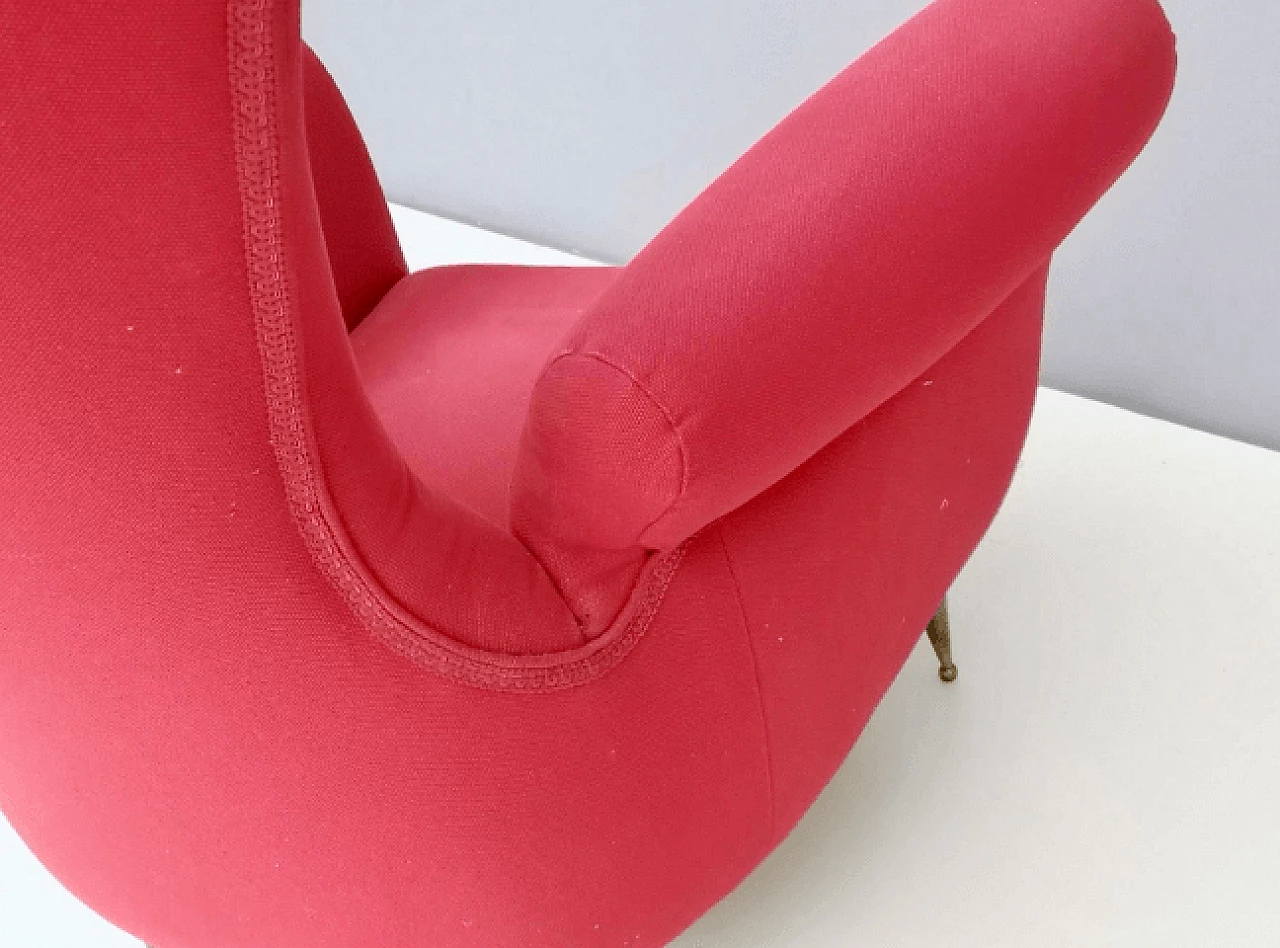 Red fabric and brass armchair, 1950s 9