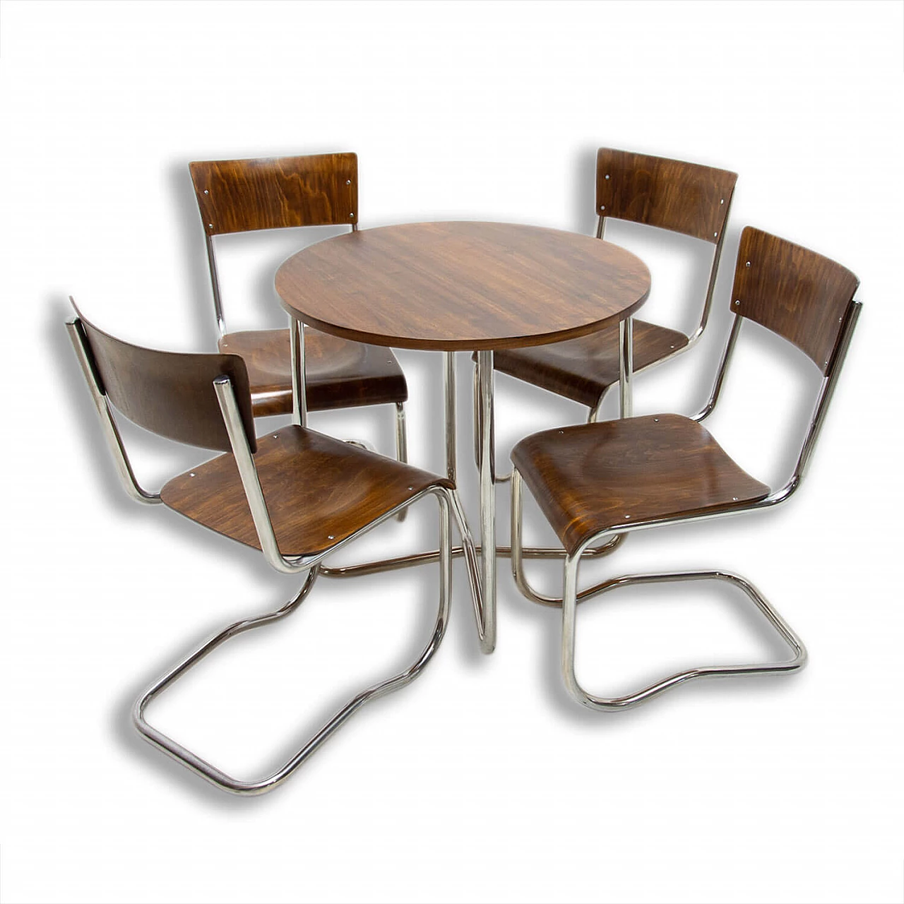 4 Chairs and round bentwood table by Hynek Gottwald, 1930s 1