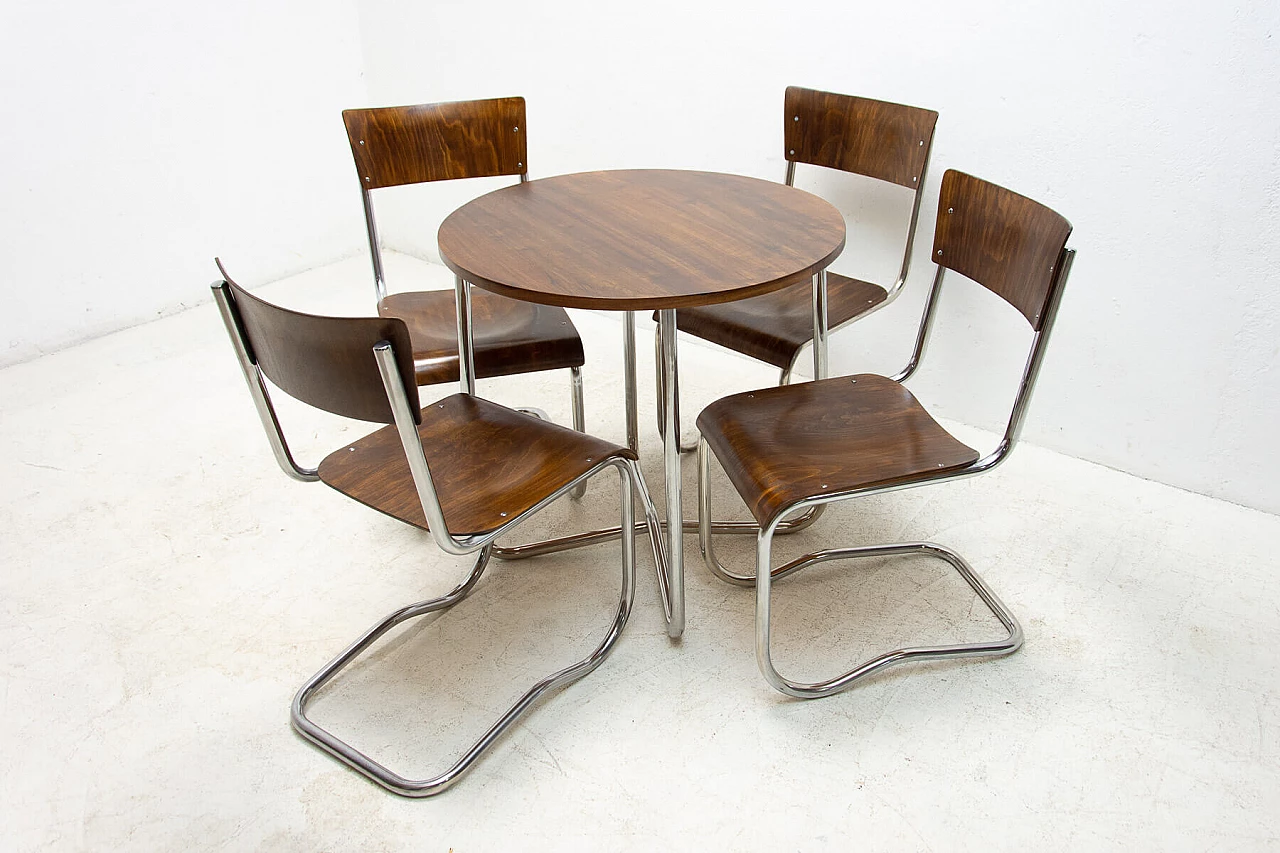 4 Chairs and round bentwood table by Hynek Gottwald, 1930s 2