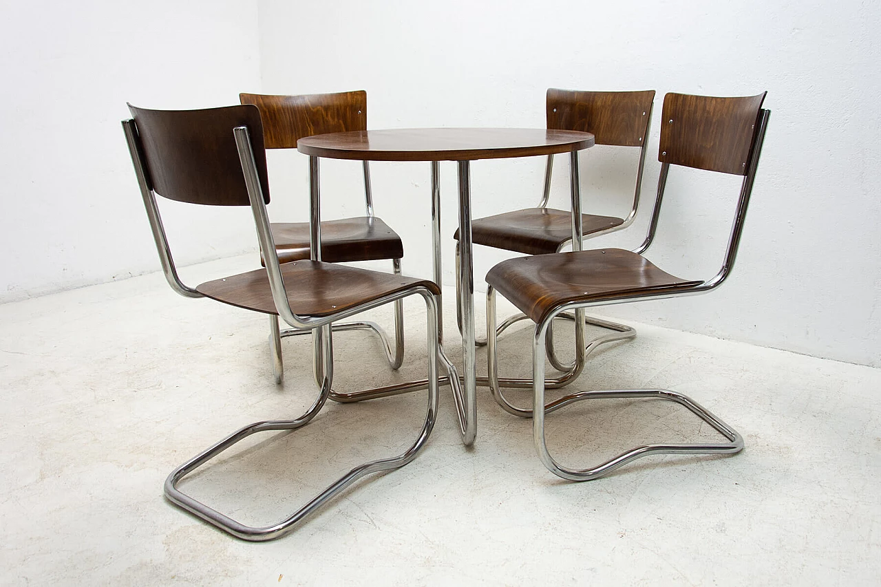 4 Chairs and round bentwood table by Hynek Gottwald, 1930s 3
