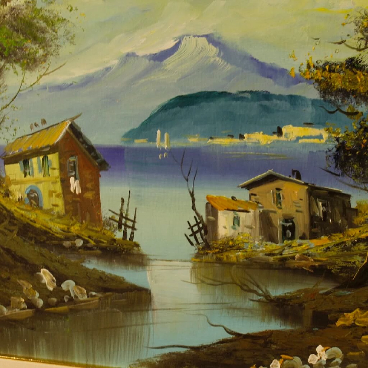 Lake view with houses, oil painting on canvas 1