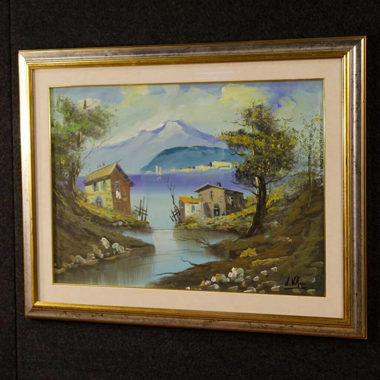 Lake view with houses, oil painting on canvas 2