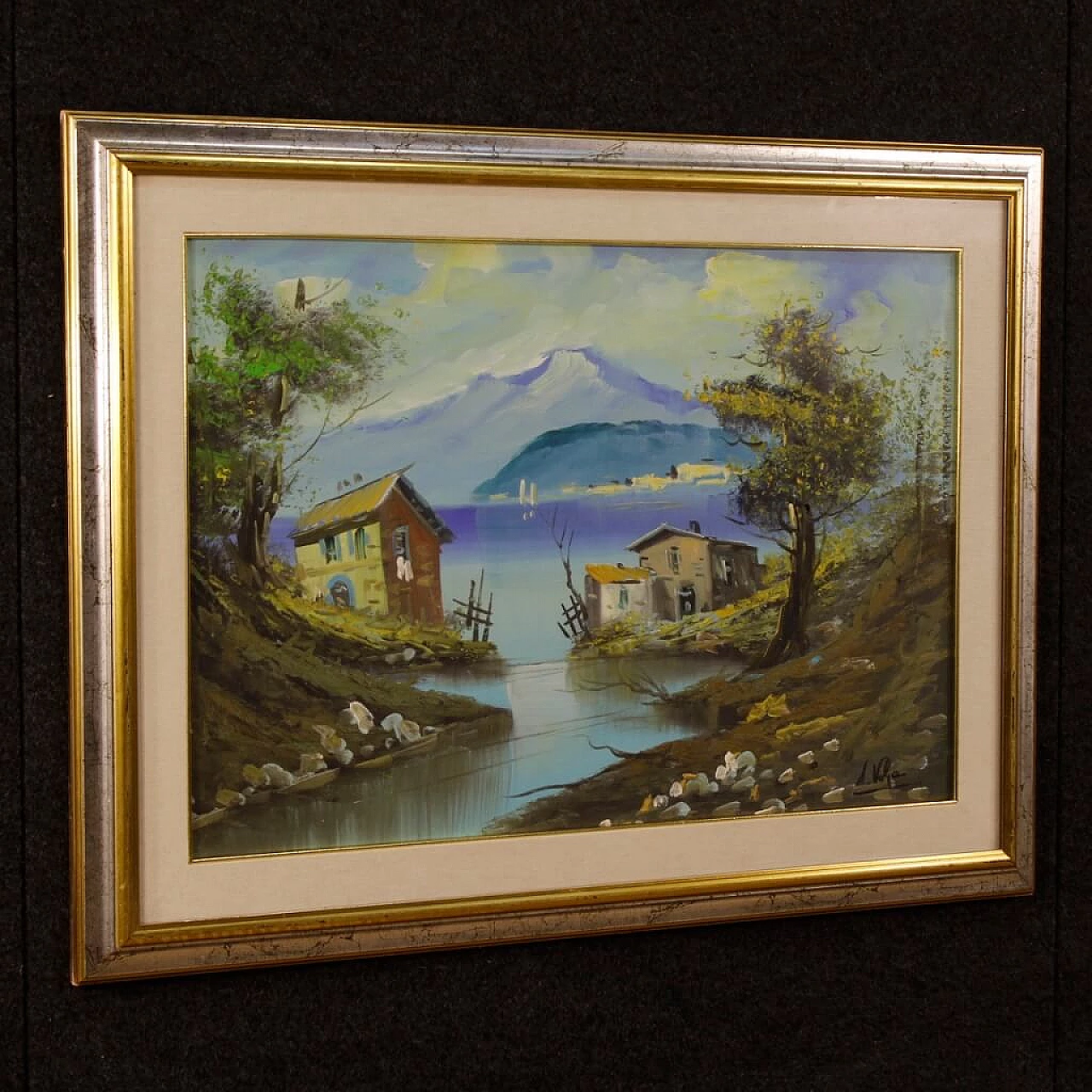 Lake view with houses, oil painting on canvas 6