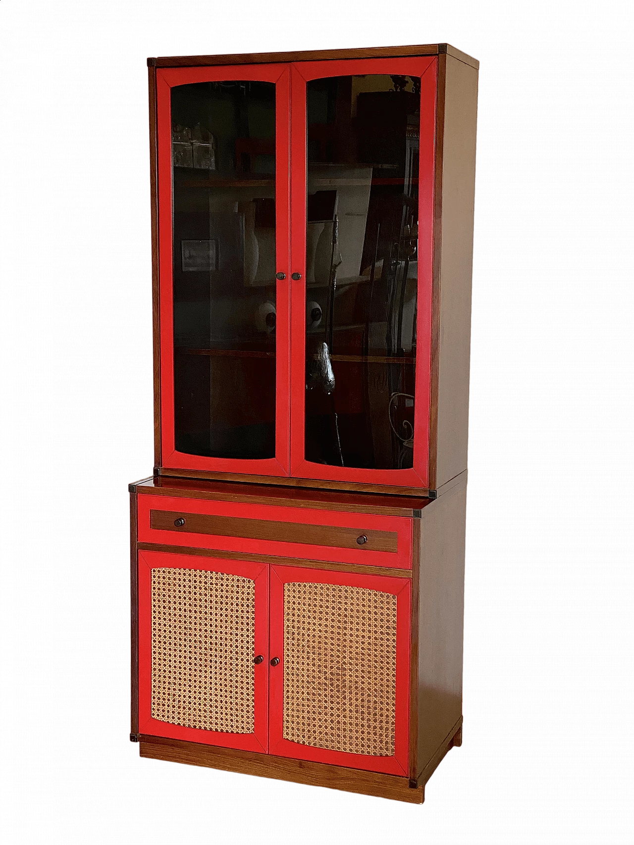 Wood and Vienna straw sideboard with glass cabinet, 1960s 18