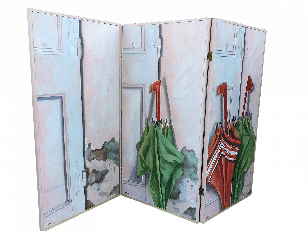Paravento a tre ante foderate con stoffa, anni '2000 4