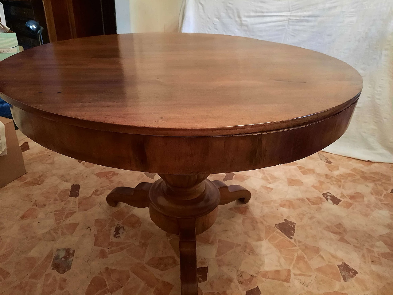 Walnut tripod round table in Empire style, early 20th century 1