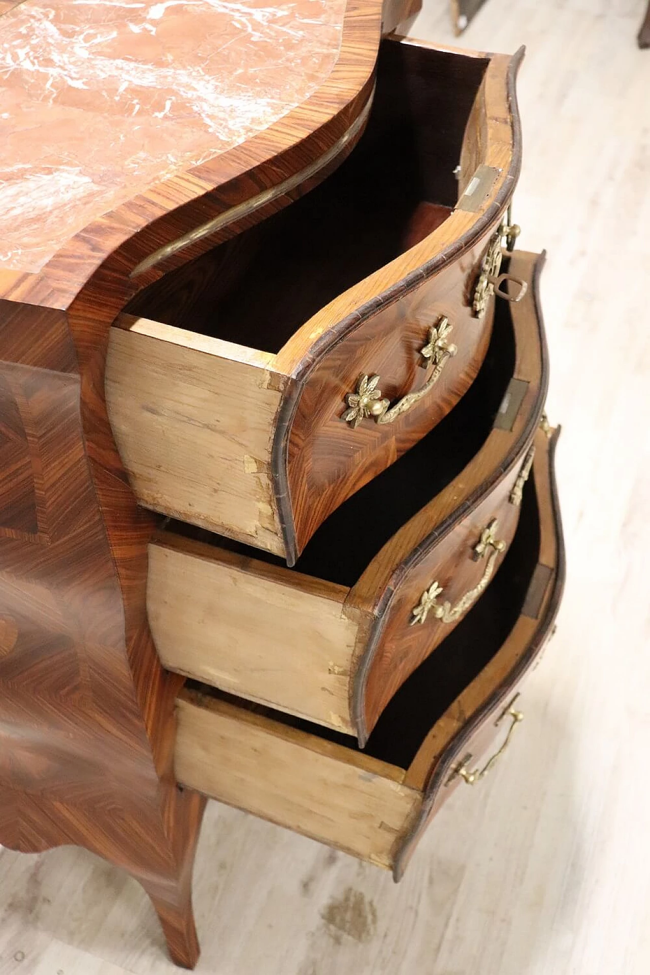 Louis XV style wood dresser with red marble top, early 20th century 12
