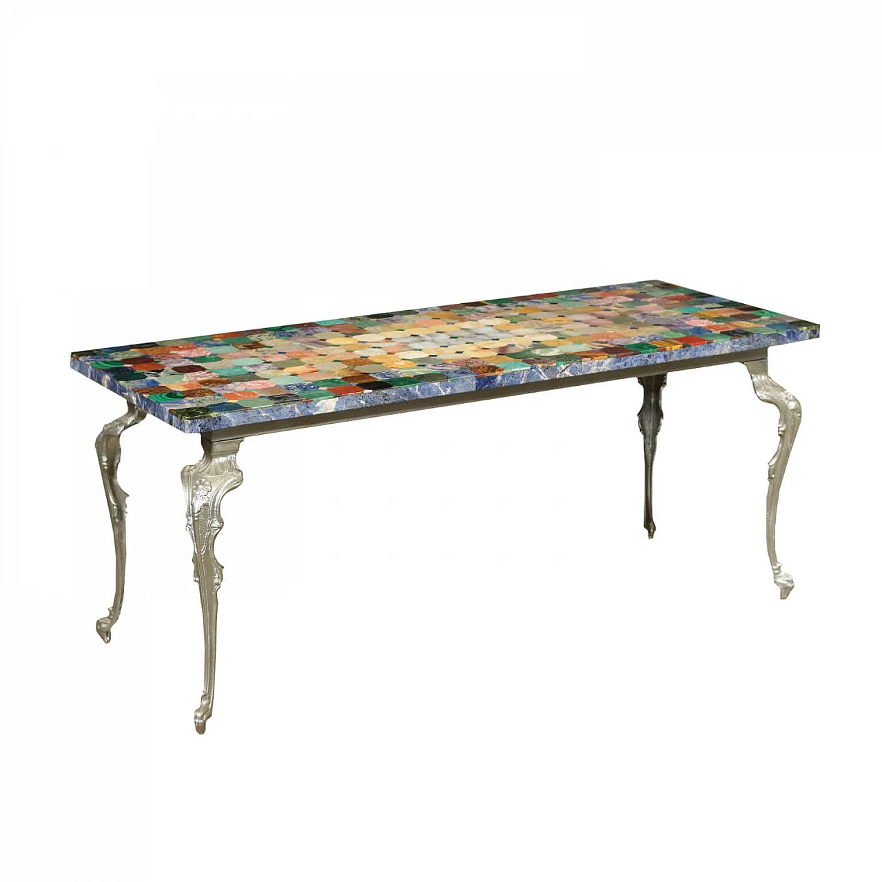 Tavolino con piano decorato a mosaico in marmi e pietre dure, del '900 1