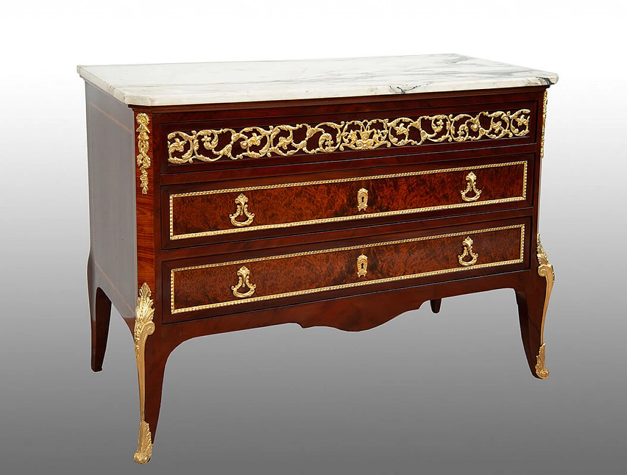 Napoleon III chest of drawers in exotic precious woods with marble top, late 19th century 1