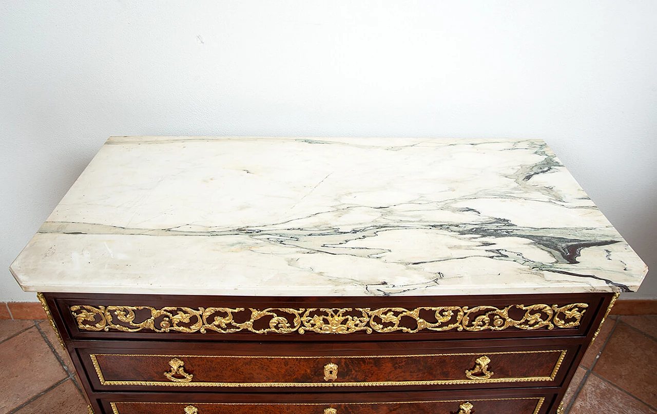 Cassettone Napoleone III in legni esotici pregiati con piano in marmo, fine '800 2