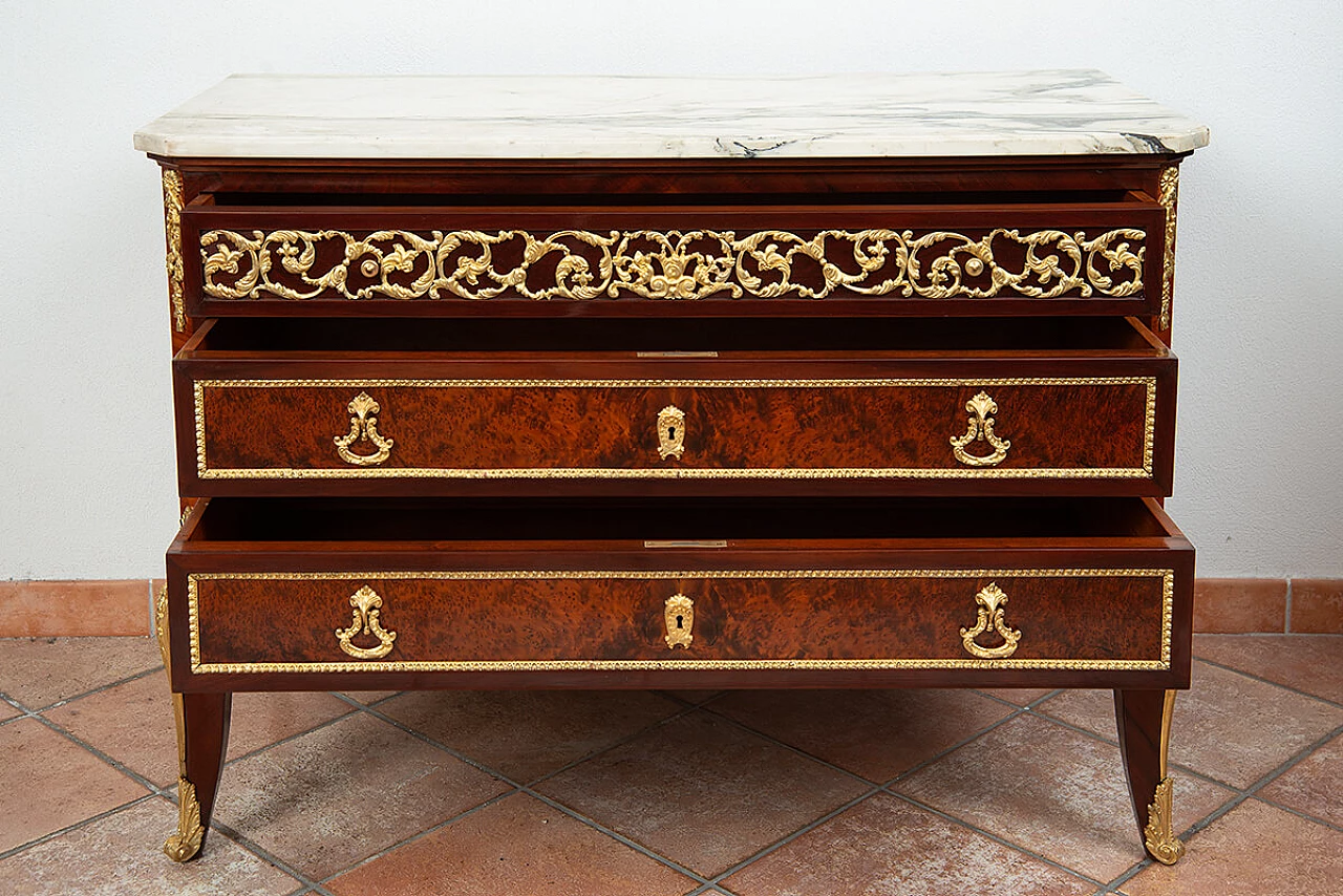 Napoleon III chest of drawers in exotic precious woods with marble top, late 19th century 5