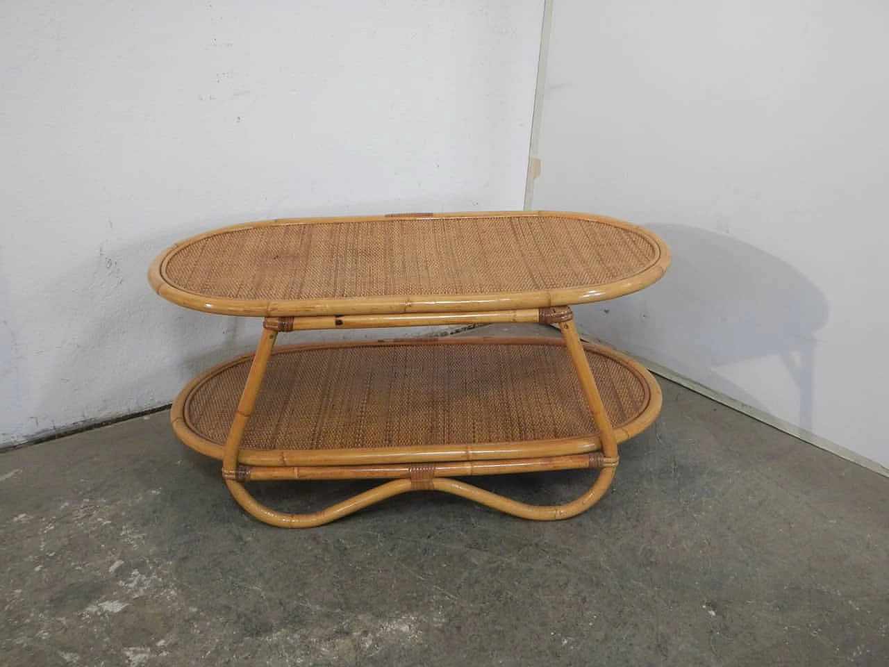 Rattan coffee table with double shelf, 1970s 1